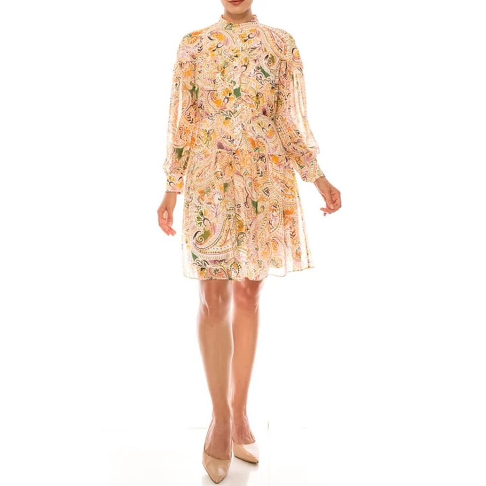 DONNA MORGAN Paisley Shirt Dress Size 0 Soft Yellow Long Sleeve Chiffon NWT